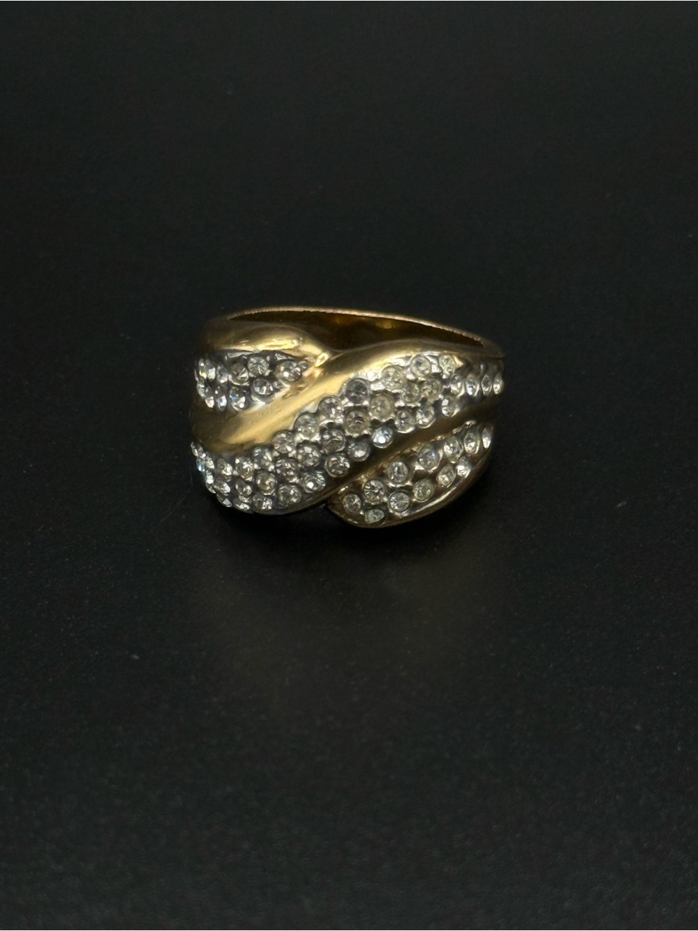 Vintage Gold Tone Pave Crystal Swirl Cocktail Ring